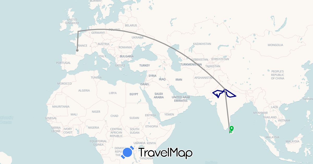 TravelMap itinerary: driving, bus, plane in France, United Kingdom, India, Sri Lanka (Asia, Europe)